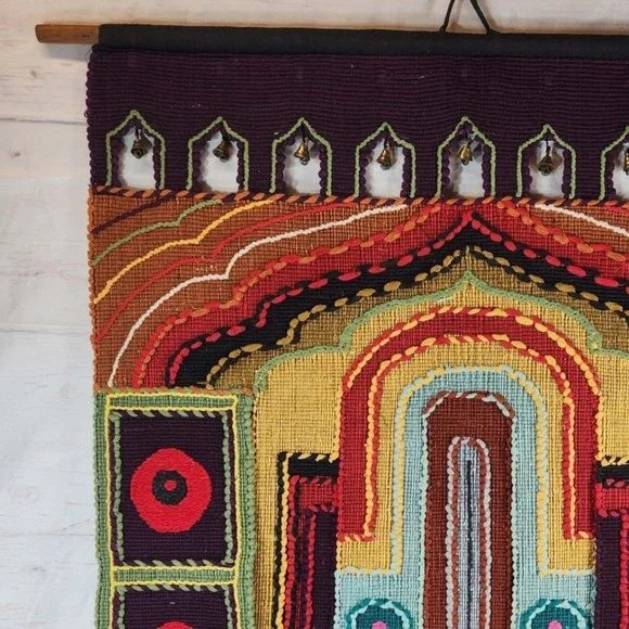 Wall Hanging Multicolor Woven Textile Bell Detail Bohemian